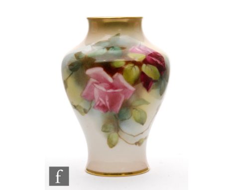 An early 20th Century Royal Worcester vase decorated with a spray of Hadley roses, puce mark with date code for 1912, height 