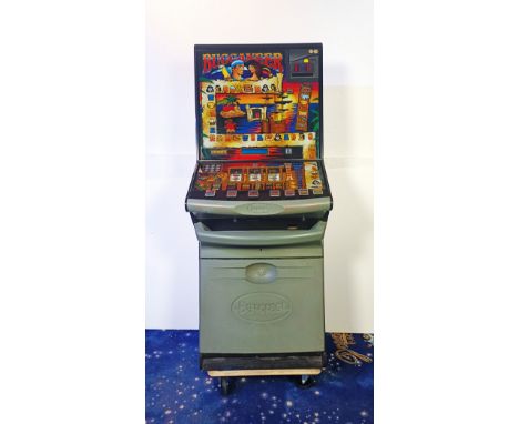 Barcrest Buccaneer slot machine with German labels. Playing condition untested. The case is in good condition. No keys, botto