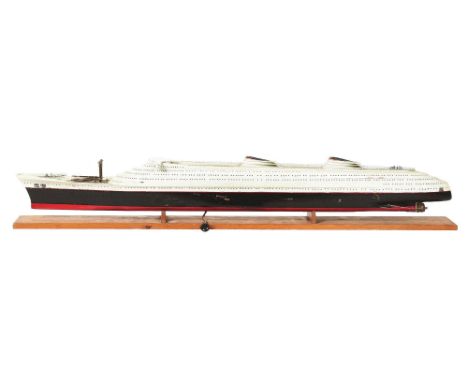 A very well done, large scale model of a passenger ship. Unmarked, wood construction in original paint, mounted to a wood bas