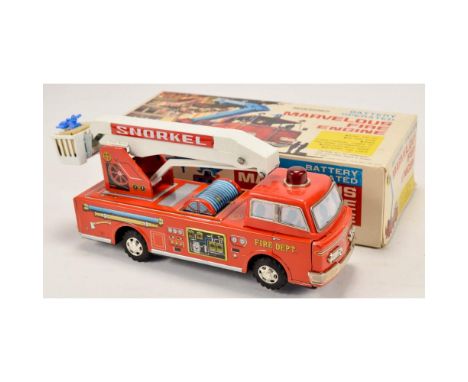 Marvelous, vintage, battery powered fire engine metal toy truck with original box. The toy truck is complete and in near mint