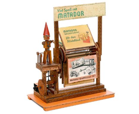 Unrestored Matador Shop-Window Automaton ca. 1935. "Viel Spaß mit Matador" (Have Fun with Matador), wood construction with Ma