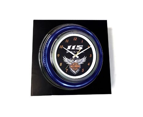 2018 Harley Davidson commemorative clock 115th anniversary. The clock has white inner and blue outer LED light rings. Brand n