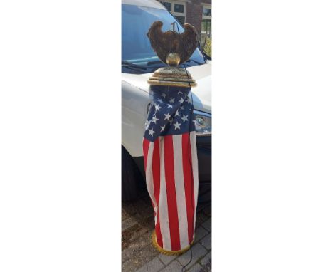 Very rare USA ceiling lamp with metal eagle figure and hanging flag. Size: 150 tall, 45 cm diameter. Condition: Very Good.