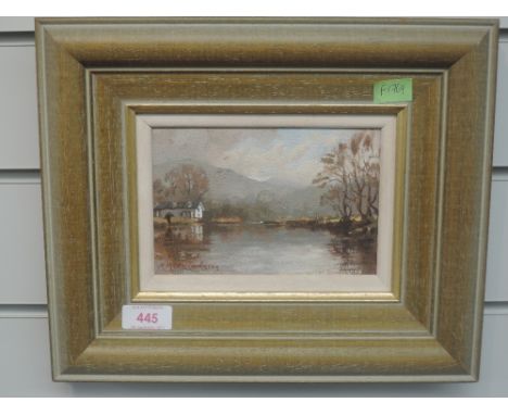 An oil painting on board, R Martin Tomlinson, Morning Light Brathay Boathouse, signed and attributed verso, 10 x 16cm, plus f