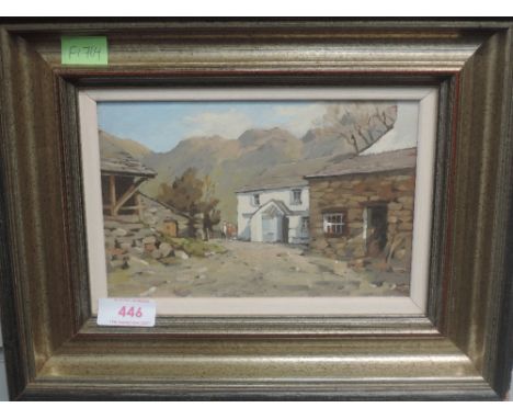 An oil painting on board, R Martin Tomlinson, Yew Tree Farm, signed and attributed verso, 12 x 18cm, plus frame