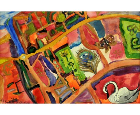 Maryla Rybinska (b.1947). Environs of Holland Park, colourful abstract with swan and peacock feather, Watercolour, 1993, sign