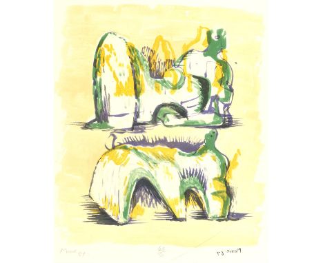 Henry Moore (British, 1898-1986), Two Reclining Figures in Yellow and Green, from 'Meditations on the Effigy', lithograph, si