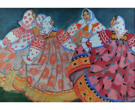 Elena Gorokhova (Russian b.1933), Five Russian women in festival costume, dancing, oil on canvas, signed, 58cm x 82cm.Conditi