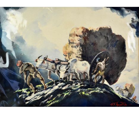 Gideon Devapriam Thyaga Raj (Indian b. 1930) An Oxen Cart, watercolour, signed lower right, 48 x 66 cm, unframed Condition Re