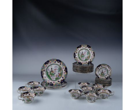 This elegant 32-piece Royal Doulton porcelain tea set features an exquisite hand-painted floral and scenic design, with vivid
