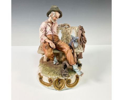 Exceptional Italian porcelain figurine designed by D. Bonalberti, depicting a weary traveler resting on a rustic stone bench.