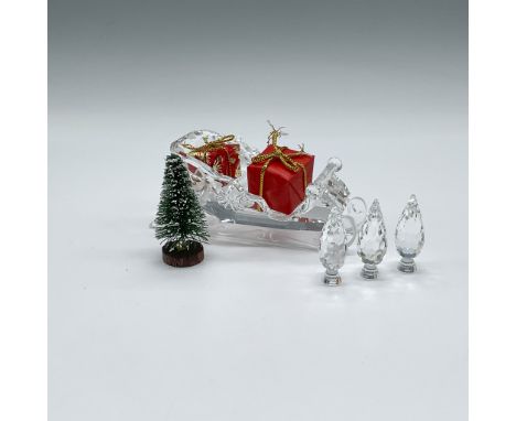 Crystal sleigh with red wrapped gift presents and green tree (4.5"L x 2"W x 2"H) - 205165; plus 3 crystal poplar trees (1.5"H