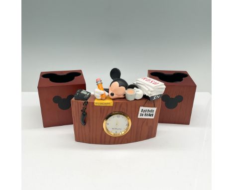 Disney-themed desk clock featuring Mickey Mouse slouched over a desk, complete with miniature office-themed accessories inclu