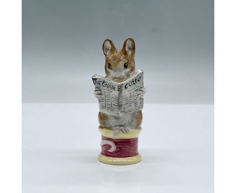 Glossy porcelain. Features a mouse sitting on a spool of threat reading a newspaper. Royal Albert Beatrix Potter backstamp. T
