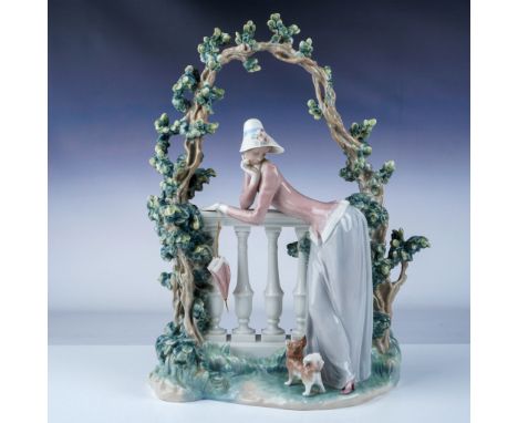 Exquisite Lladro porcelain figurine depicting a graceful lady leaning on a balustrade beneath an arched trellis of flowering 