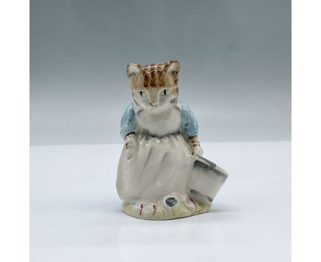 Glossy porcelain Ribby and The Patty Pan figurine. Features a cat wearing a blue dress with a white apron holding a bucket. R