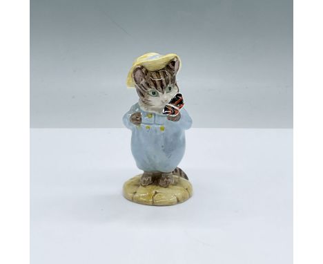 Glossy porcelain. Features a cat holding a butterfly. Stamped Royal Albert Beatrix Potter. This item has its original box, di