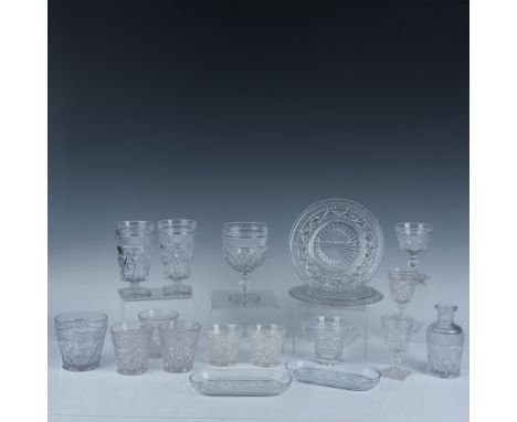 A set of 19 fine glass items designed with a sunburst pattern, featuring ovals and crosses, including 2 salad plates, 1 desse