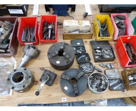 A QUANTITY OF VARIOUS LATHE CHUCKS, MILLING AND CUTTING TOOLS ETC. 