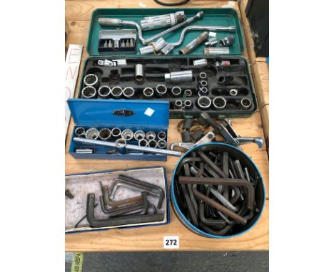 A KING DICK PART SOCKET SET, A QUANTITY OF ALLEN KEYS ETC, A HAND RIVETER, SPANNERS, AND A AIR HAMMER WITH TOOLS.  