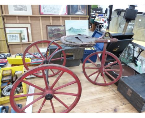 A VETERAN TYPE WOODEN WHEELED TRICYCLE WITH CANDLE LANTERN HEAD LIGHT. 