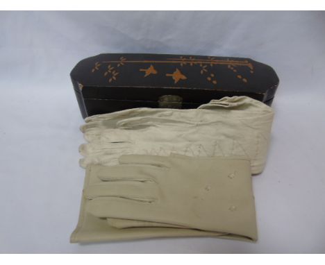 Oriental lacquered glove box and 2 pairs of vintage gloves including kid