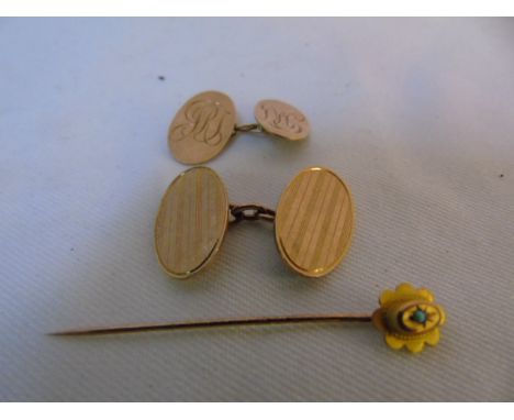 2 9ct gold cufflinks and a 9ct gold stick pin approx. 6.5gms