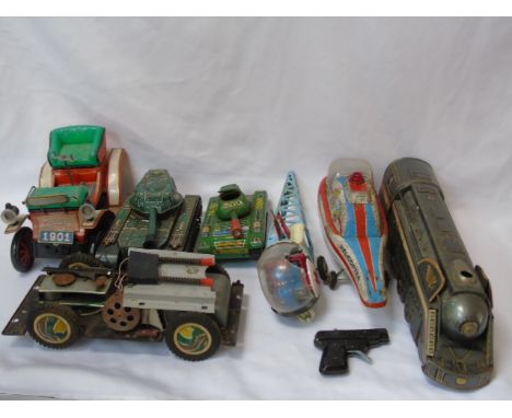 Assorted vintage tin plate model vehicles to include train, tanks etc