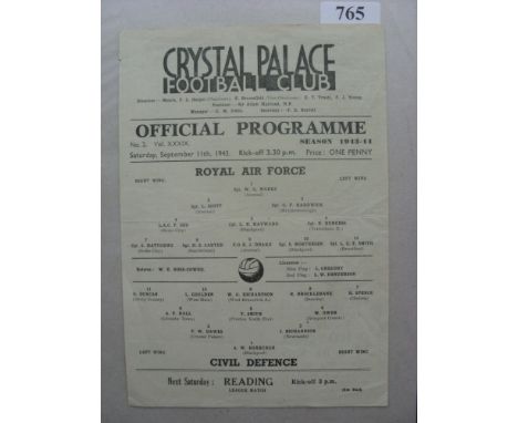 1943/44 Royal Air Force v Civil Defense, a programme from the game played at Crystal Palace on 11/09/43