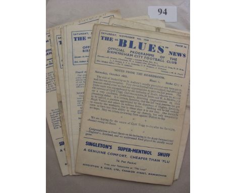 1944/45 Birmingham City, a collection of 12 home programmes, 02/09/44 Port Vale, 09/09/44 Coventry, 28/10/44 Stoke, 04/11/44 