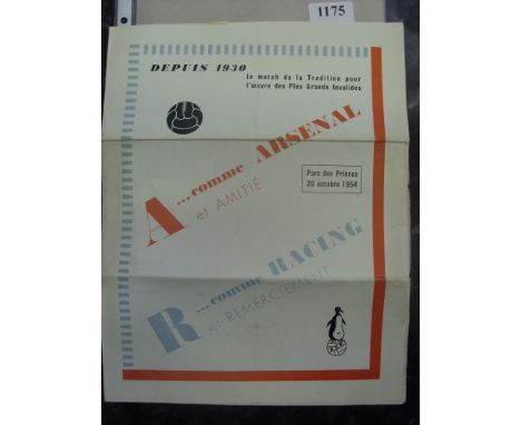 1954/55 Racing Club De Paris v Arsenal, a rare programme from the Friendly game played on 20/10/1954, large style, folded, ve