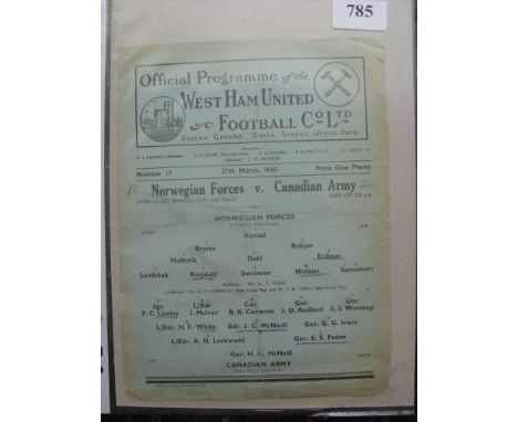 1942/43 Norwegian Forces v Canadian Army, a programme from the game played at West Ham on 27/03/1943, slightly frayed edge