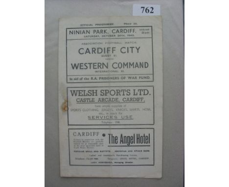 1943/44 Cardiff City (Guest XI) v Western Command, a programme from the game played on 30/10/1943, folded, rust marks