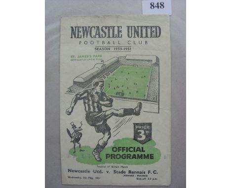 1950/51 Newcastle Utd v Stade Rennais, a programme from the Festival Of Britain game played on 09/05/1951