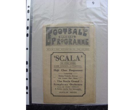 1916/1917 Liverpool v Burnley, a rare wartime programme from the game played on 30/09/1916, worn, the team line up page is to