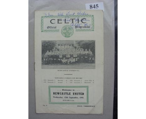 1951/52 Celtic v Newcastle Utd, a programme from the friendly game played on 12/09/1951 (autographed by Fallon on front page)