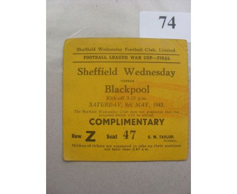 1943 Football League War Cup Final, Sheffield Wednesday v Blackpool, a rare ticket from the game played on 08/05/1943