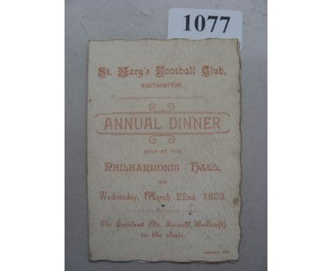 1893 St Mary's (Southampton) FC, a menu and arrangements card from the Annual Dinner, held at the Philarmonic Hall on 22/03/1