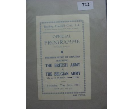 1940/41 The British Army v The Belgium Army, a programme from the Inter-Allied Cup S/F game played at Reading on 24/05/1941