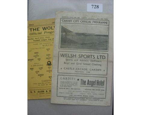 1944/45 Cardiff City v Wolvehampton, the home and away programmes from the cup ties played on 21/04/1945 and 28/04/1945