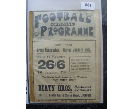 1912/1913 Liverpool v West Bromwich, a programme from the game paleyd on 25/01/1913, also includes Everton Reserves v Stalybr