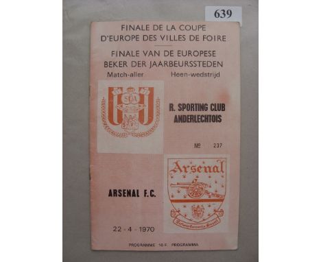 1970 ICFC Final, Anderlecht v Arsenal, a programme from the game played on 22/04/1970, in very good condition
