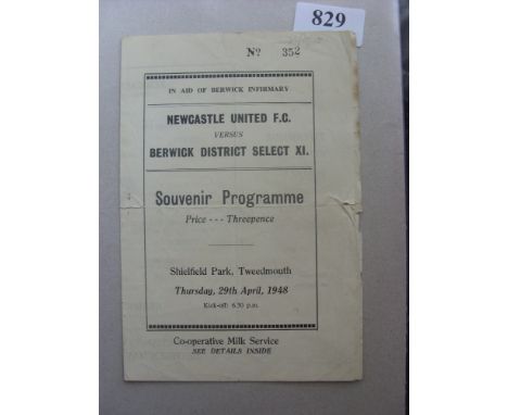 1947/48 Berwick District Select XI v Newcastle Utd, a programme from the Friendly game played on 29/04/1948, frayed edge, sli