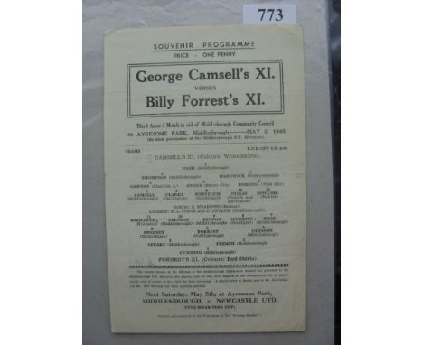 1944/45 George Camsell XI v Billy Forrests XI, a programme from the game played at Middlesbrough on 02/05/1945