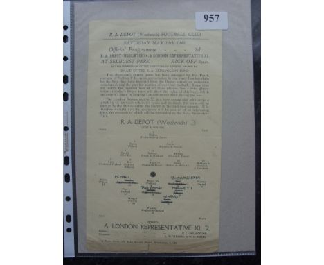 1944/45 R A Deport (Woolwich) v London Representative XI, a programme from the game played at Crystal Palace on 12/05/1945, s