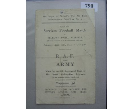 1943/44 RAF v Army, a programme from the game played at Walsall on 10/04/1944, folded, slight tear