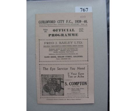 1939/40 Football Association XI v Surrey County FA, a programme from the war aborted season game played at Guildford City on 
