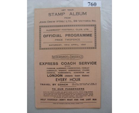 1940/41 Aldershot v Army XI, a programme from the game played on 19/04/1941