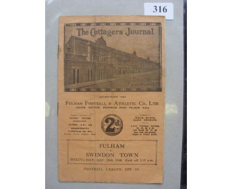 1930/31 Fulham v Swindon, a programme from the game played on 26/12/1930, rusty staples, folded, TC