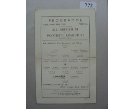 1939/40 All British XI v Football League XI, a programme from the war aborted season played at Blackpool on 22/03/1940, folde